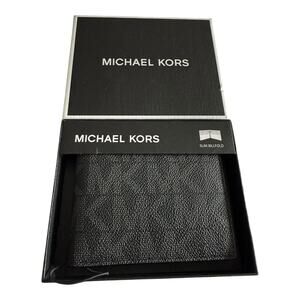 Michael Kors Jet Set Men's MK Monogram Black Gray Slim Bifold Leather Wallet NWT